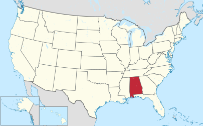 نقشه‌ی ایالات متحده آمریکا، آلاباما روی نقشه مشخص شده